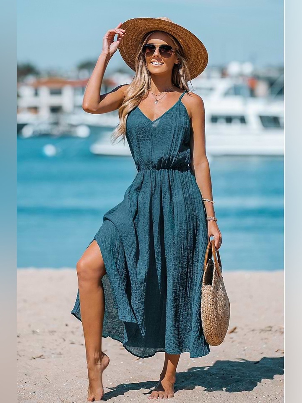 Cupshe NWT V-Neck Maxi Cover-Up Dress Teal M Beach Pool Vacation Travel Summer